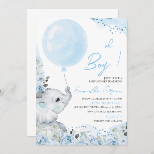 Bloemige olifant babyshower uitnodiging (Voorkant / Achterkant)