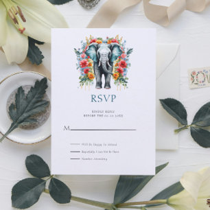 Bloemige Olifant Bay Blauw en Wit RSVP Kaart
