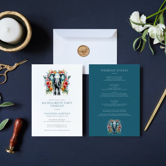 Bloemige Olifant Blauw Bachelorette Feest Weekend Kaart