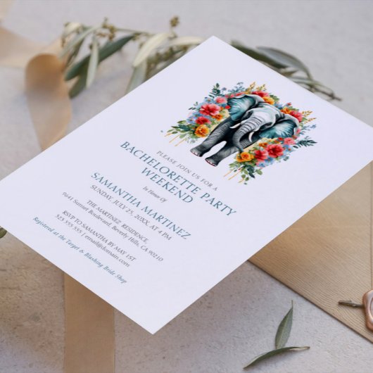 Bloemige Olifant Blauw Bachelorette Feestweekend Kaart