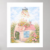 Bloemige Olifant Cottage Kunstprint Poster (Voorkant)