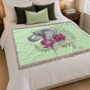 Bloemige Olifant Roze Lotus Henna Mandala Groen Deken