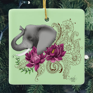 Bloemige Olifant Roze Lotus Henna Mandala Groen Keramisch Ornament