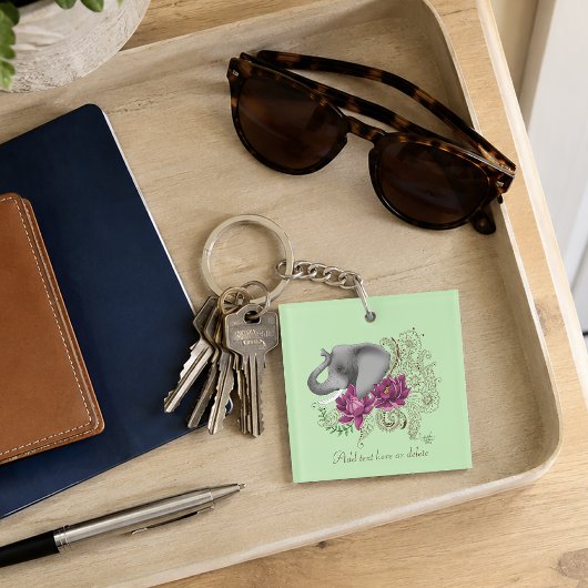 Bloemige Olifant Roze Lotus Henna Mandala Groen Sleutelhanger