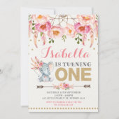 Bloemige olifant uitnodiging Roze Goud Boho Verjaa (Voorkant)
