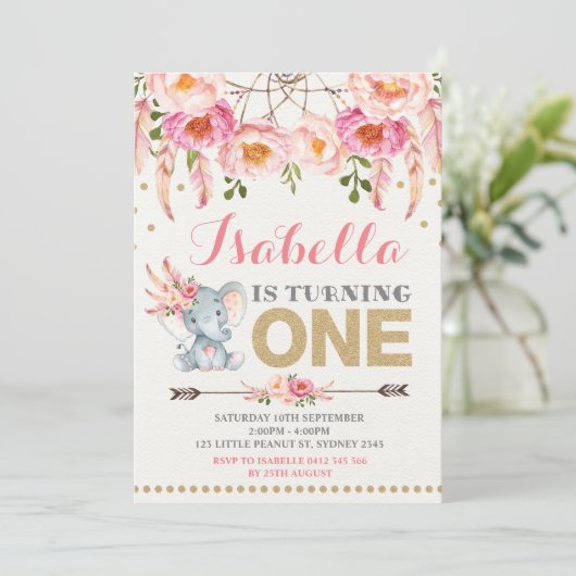 Bloemige olifant uitnodiging Roze Goud Boho Verjaa (Staand voorkant)