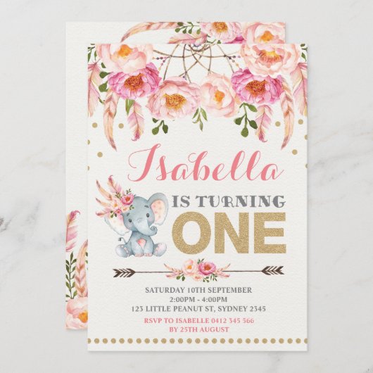 Bloemige olifant uitnodiging Roze Goud Boho Verjaa (Voorkant / Achterkant)