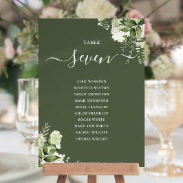 Bloemige olijfgroene zitplaatsindeling tafelnummer