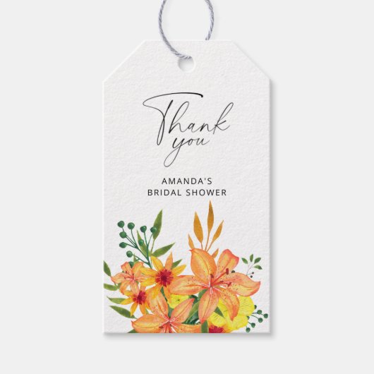 Bloemige oranje bruiloftsshower bedankje cadeaulabel (Voorkant)