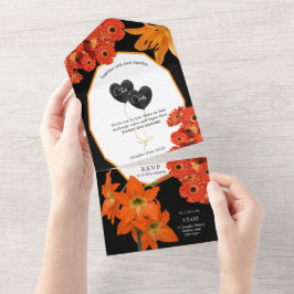 Bloemige Oranje en Zwarte Bruiloft All In One Uitnodiging