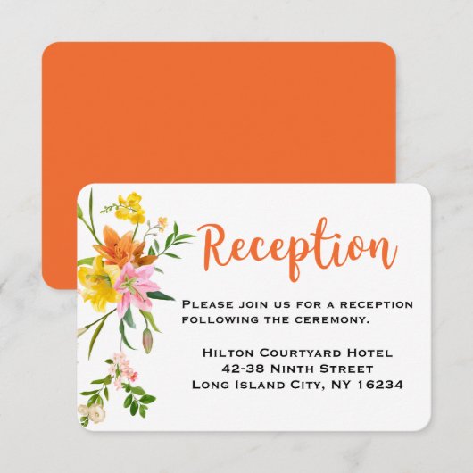 Bloemige oranje huwelijksreceptie Lelie Roze Bloem Kaart (Voorkant / Achterkant)