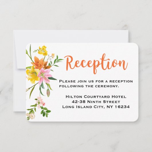 Bloemige oranje huwelijksreceptie Lelie Roze Bloem Kaart (Voorkant)