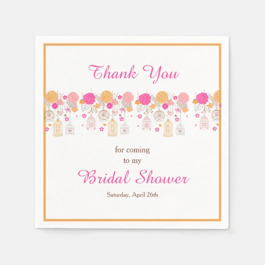 Bloemige Oranje & Roze Vogelkooien Bruidsdouche Servet (Voorkant)