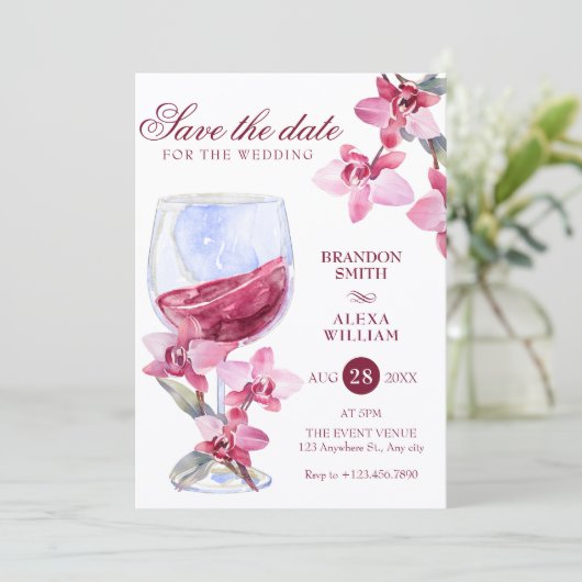Bloemige orchidee wijn waterverf bruiloft save the date (Staand voorkant)