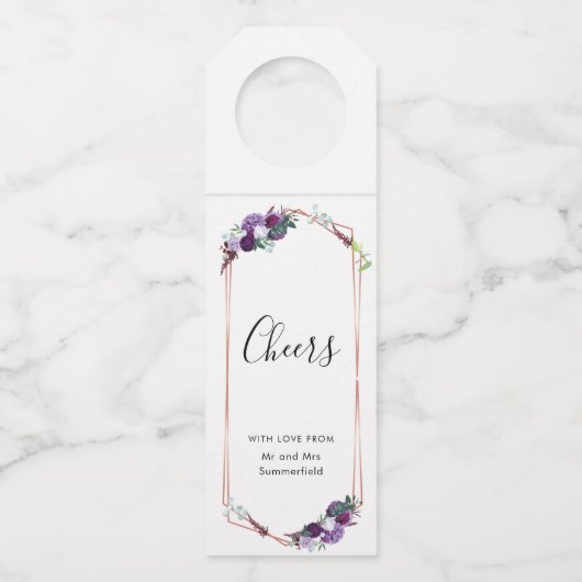 Bloemige paarse roos gouden botanische bruiloft flessenhanger (Voorkant)