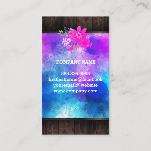 Bloemige Paarse Waterverf Boeket Houten Rustieke Visitekaartje (Achterkant)