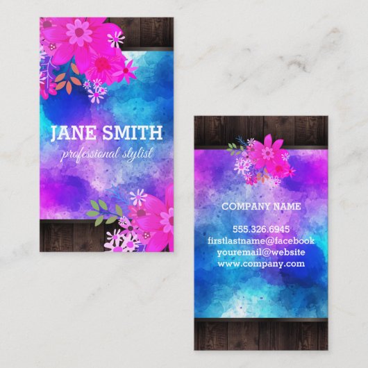 Bloemige Paarse Waterverf Boeket Houten Rustieke Visitekaartje (Voorkant / Achterkant)