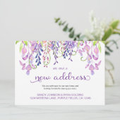 Bloemige Paarse Wisteria We Hebben Nieuw Adres Ver Aankondiging (Staand voorkant)