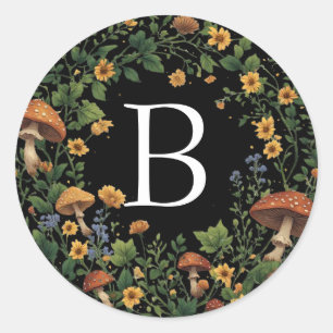 Bloemige Paddenstoelen Aangepaste Initiaal op Zwar Ronde Sticker