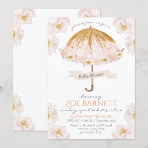 Bloemige Paraplu Glitter Uitnodiging Baby Shower