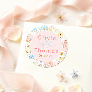 Bloemige Pastel Whimsicale Elegante Trouw Ronde Sticker