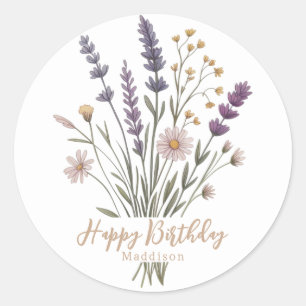 Bloemige Pastel Wilde Bloemen Gelukkige Verjaardag Ronde Sticker