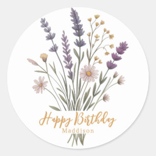 Bloemige Pastel Wilde Bloemen Gelukkige Verjaardag Ronde Sticker