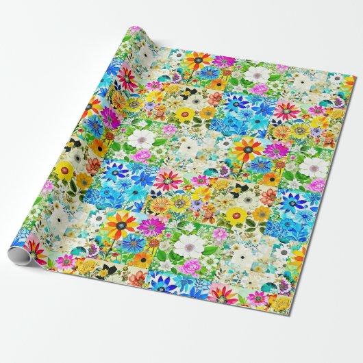 Bloemige Patchwork Kunst Watercolor Bloemen Cadeaupapier (Uitgerold)