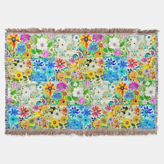 Bloemige Patchwork Kunst Watercolor Bloemen Deken (Voorkant)