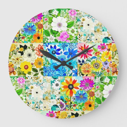 Bloemige Patchwork Kunst Watercolor Bloemen Grote Klok (Voorkant)