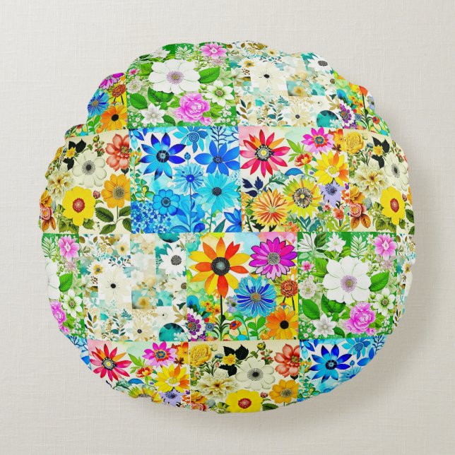 Bloemige Patchwork Kunst Watercolor Bloemen Rond Kussen (Voorkant)