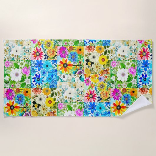 Bloemige Patchwork Kunst Watercolor Bloemen Strandlaken (Voorkant)