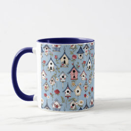 Bloemige Patchwork Vogelhuisjes & Hemelblauwe Acht Mok