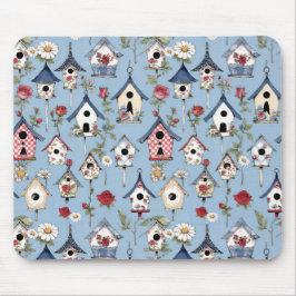 Bloemige Patchwork Vogelhuisjes & Hemelblauwe Acht Muismat