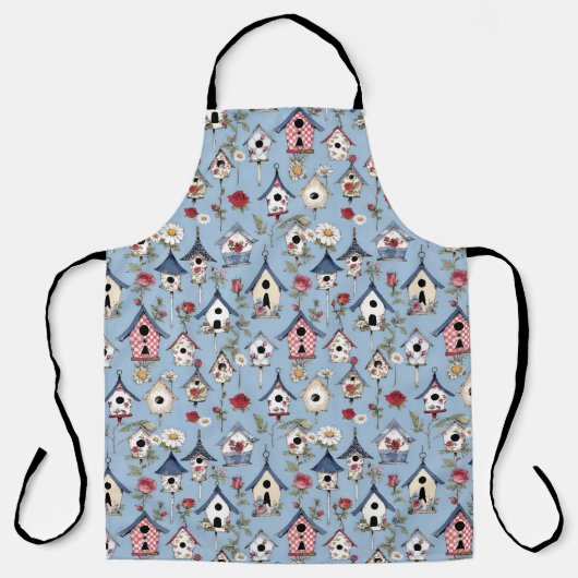 Bloemige Patchwork Vogelhuisjes & Hemelblauwe Acht Schort (Voorkant)