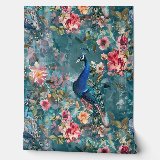 Bloemige Pauw Vintage Textuur uitzicht bloem Behang (Afrollen)