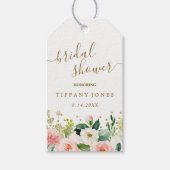 Bloemige perzik roze gouden confetti bruidsdouche cadeaulabel (Voorkant)