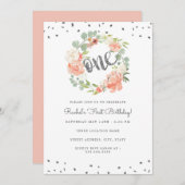 Bloemige Perzik Zilveren Eén Krans Eerste Verjaard Kaart (Voorkant / Achterkant)