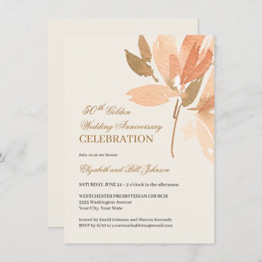Bloemige perzikcrème goud 50ste trouwdag kaart (Voorkant / Achterkant)