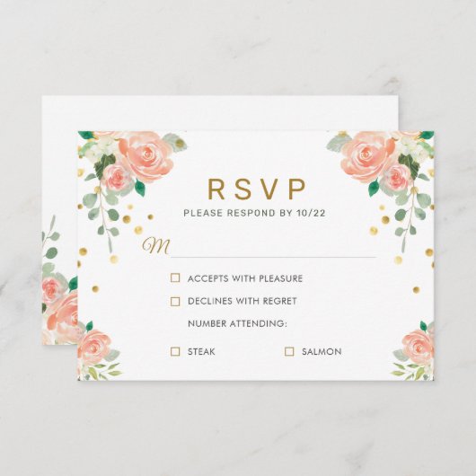 Bloemige Pioenroos en Gouden Confetti Klasse Elega RSVP Kaartje (Voorkant / Achterkant)