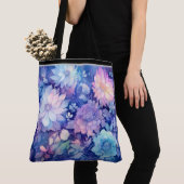 Bloemige Pioenrozen multi Blauw Print Tote Tas (Dichtbij)