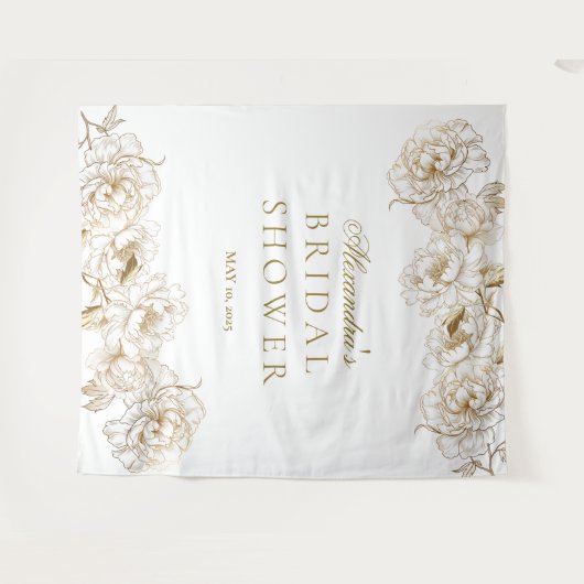 Bloemige Pioenrozen Witte Gouden Elegante Bruiloft Wandkleed (Voorkant (horizontaal))