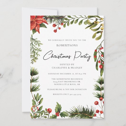 Bloemige Poinsettia Script Groenery Kerstfeestje Kaart (Voorkant)