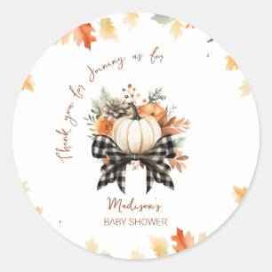 Bloemige Pompoen Baby Shower met Geruite Lint Ronde Sticker