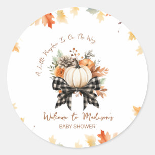 Bloemige Pompoen Baby Shower met Geruite Lint Ronde Sticker