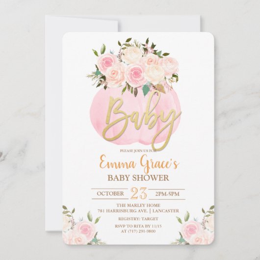 Bloemige Pompoen Baby Shower Uitnodiging (Voorkant)
