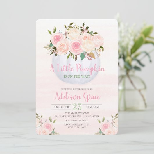 Bloemige Pompoen Baby Shower Uitnodiging (Staand voorkant)