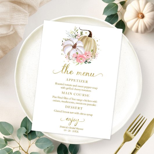 Bloemige Pompoen Herfst Bruidsdiner Menu Voor Bord Kaart