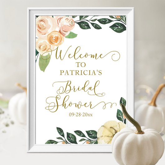 Bloemige Pompoen Herfst Bruidsfeest Welkomstbord Poster