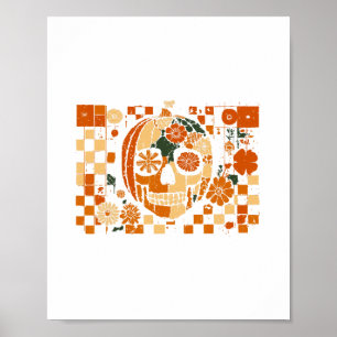 Bloemige Pompoen Schedel Geruite Herfst Halloween  Poster